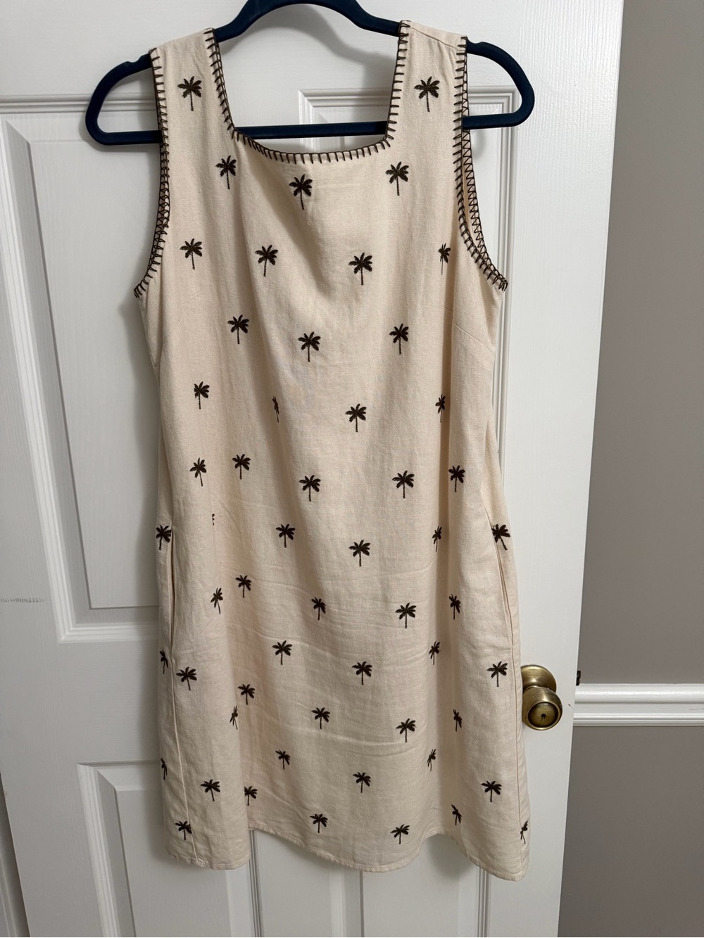 Cream Palm-Print Sleeveless Mini Dress